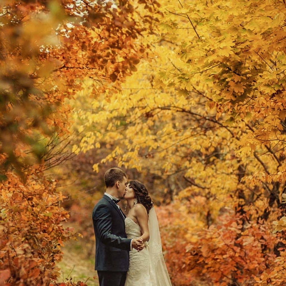 Wedding couple on a walk in the autumn park